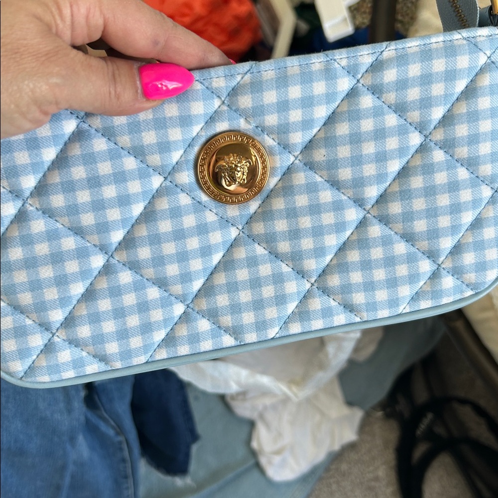 Versace Medusa Quilted Crossbody Light Blue Gingham Gold Chain Bag NWT Authentic